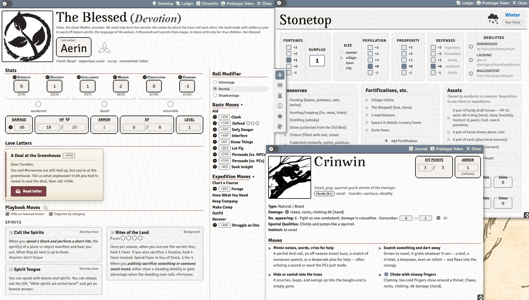 Character, Stonetop and Monster sheets